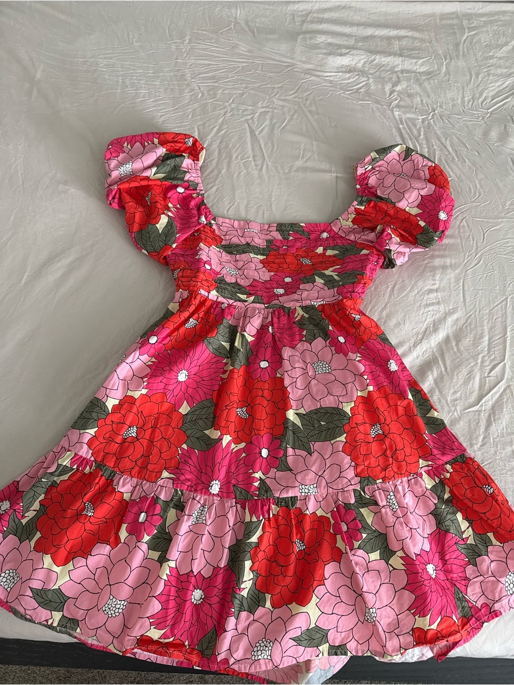 Floral Puff-Sleeve Sundress in Pink & Red
